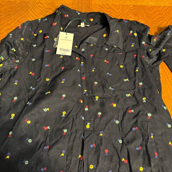 NEW Tuckernuck Floral Embroidered Mini Shirt Dress Navy Sheen Sz M Preppy Chic - Picture 14 of 16